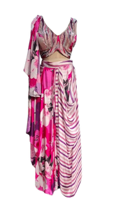 Pink Floral Pre-Stitched Saree with Sequin Blouse