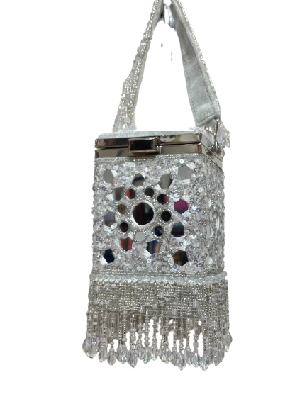 Isabella Silver Velvet Mirror Beaded Box Bag – Evening Purse with Beaded Handle & Tassels