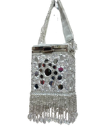 Load image into Gallery viewer, Isabella Silver Velvet Mirror Beaded Box Bag – Evening Purse with Beaded Handle &amp; Tassels
