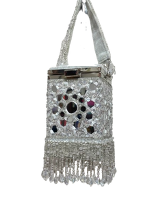 Isabella Silver Velvet Mirror Beaded Box Bag – Evening Purse with Beaded Handle & Tassels