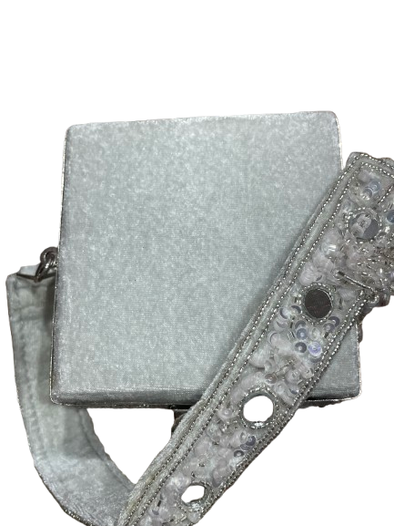 Isabella Silver Velvet Mirror Beaded Box Bag – Evening Purse with Beaded Handle & Tassels