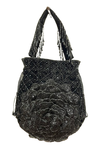 Velvet Rose Floral Beaded Drawstring Bag – Embroidered Evening Purse