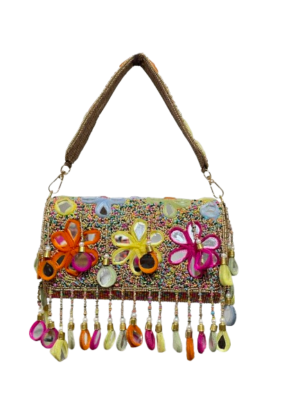 Charlotte Rainbow Beaded Mirror Evening Bag – Floral Embroidered Party Purse