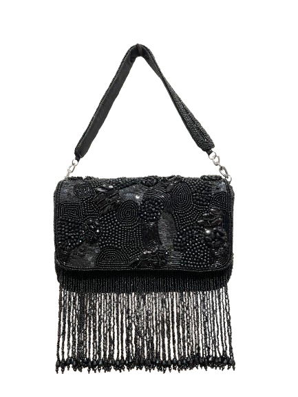 Sophia Black Beaded Tassel Clutch – Heavy Embroidered Evening Bag