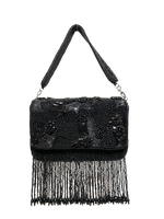 Load image into Gallery viewer, Sophia Black Beaded Tassel Clutch – Heavy Embroidered Evening Bag
