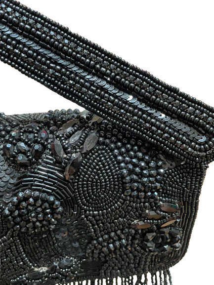Sophia Black Beaded Tassel Clutch – Heavy Embroidered Evening Bag