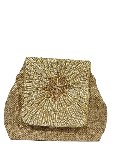 Solene Jute & Golden Metalwork Flap Bag