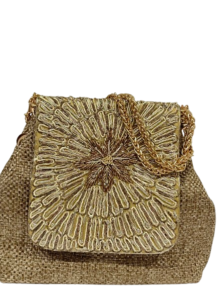 Solene Jute & Golden Metalwork Flap Bag