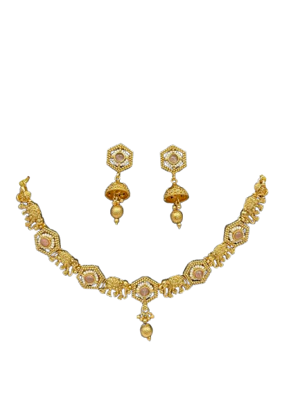 Rajani Elephant Wedding Jewelry Set – Golden Necklace & Earrings with Peach Cat’s Eye