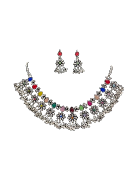 Amara Antique Silver Floral Choker Necklace Set