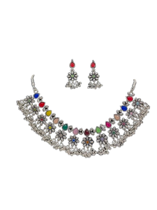 Amara Antique Silver Floral Choker Necklace Set