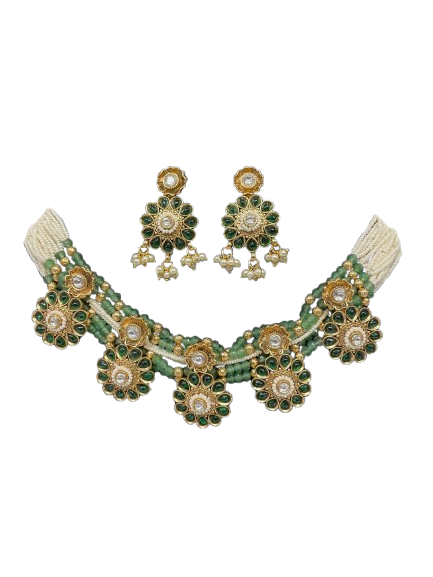 Samaira Kundan Beaded Choker Set – Green & Gold Necklace with Matching Earrings