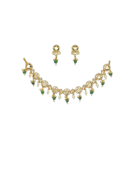 Amara Kundan Pearl Drop Choker Set – Gold & Green Necklace with Matching Earrings