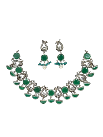 Nayeli Peacock Silver-Tone Choker Set – Green Gemstone Necklace & Earrings