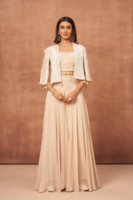 Load image into Gallery viewer, Pink Champagne Mirrorwork Cape Set
